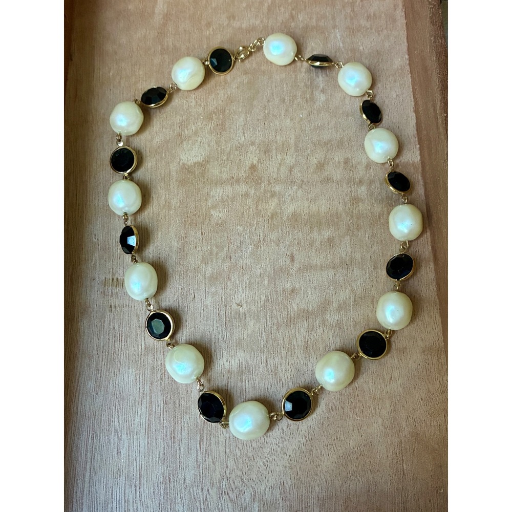 Gold Tone Black Faceted Bead Faux Baroque Pearl Station Necklace Statement